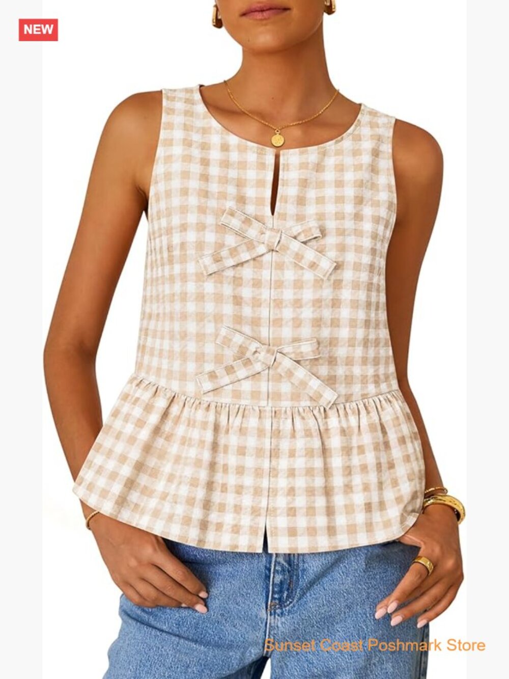 Sleeveless Gingham Tank Top Tie Front Ruffle Peplum Babydoll Blouse